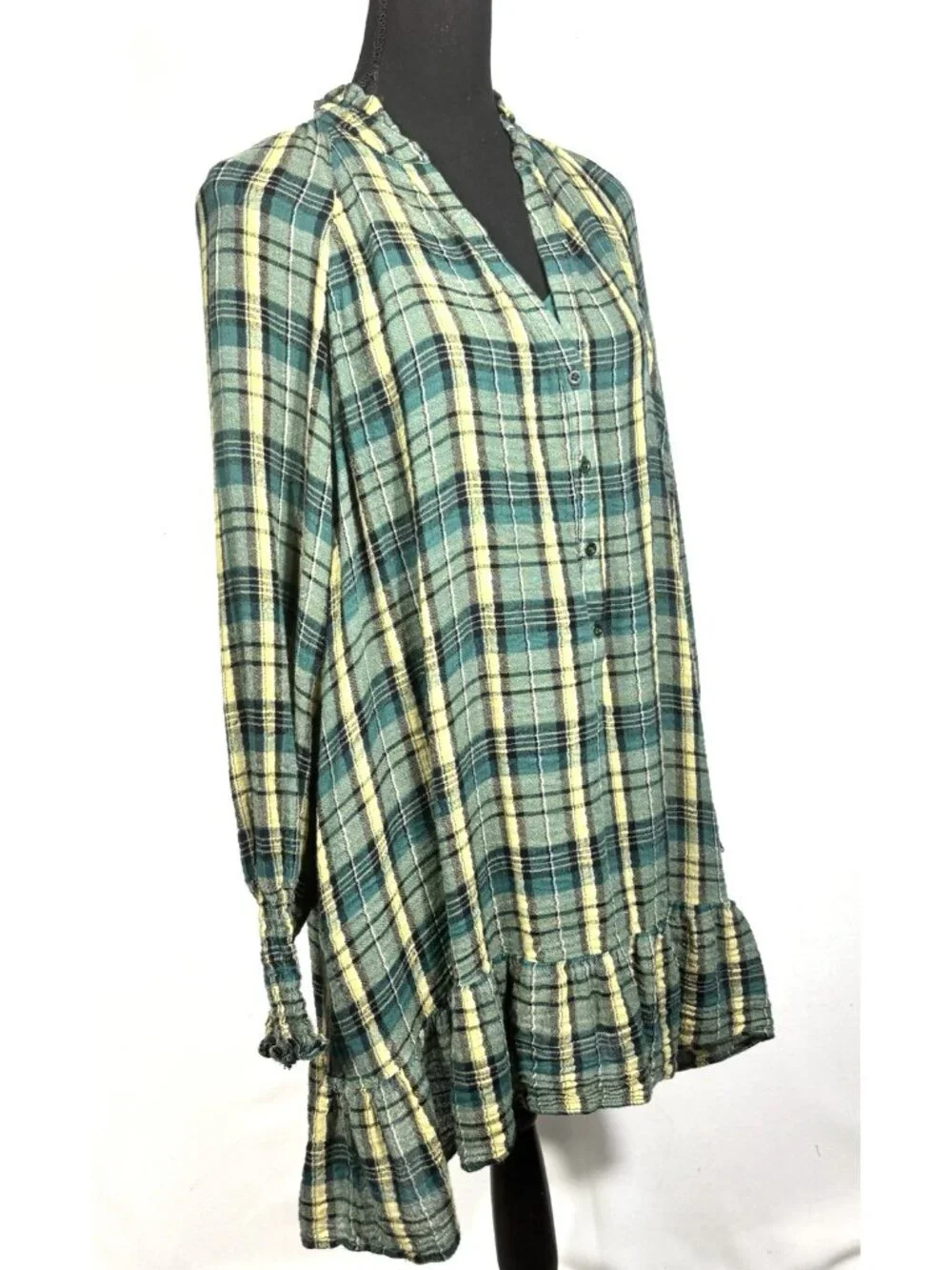 Free People XS Alexa Green Blue Plaid Tunic Mini Dress Camisole Boho Long Sleeve